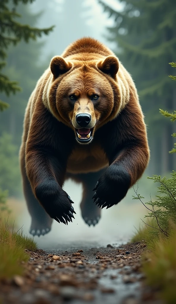 a large brown bear jumping in the air to chase a car, realistic 3D render, highly detailed, photorealistic, dramatic lighting, dynamic action pose, forest background, cinematic composition, ultra-detailed, 8K, masterpiece