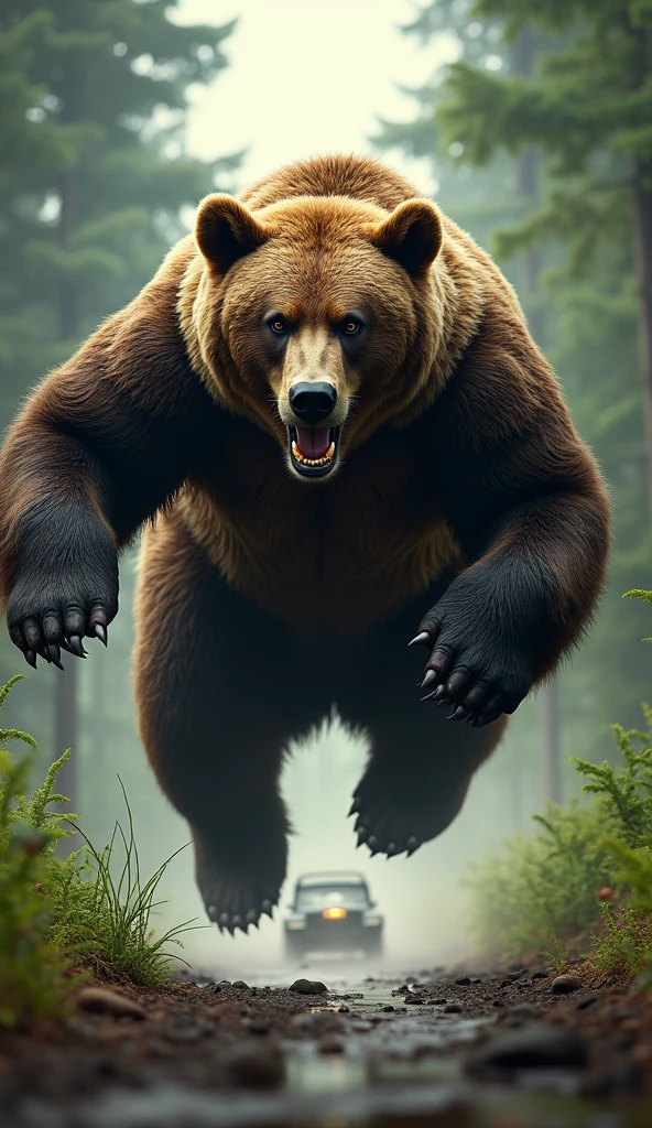 a large brown bear jumping in the air to chase a car, realistic 3D render, highly detailed, photorealistic, dramatic lighting, dynamic action pose, forest background, cinematic composition, ultra-detailed, 8K, masterpiece