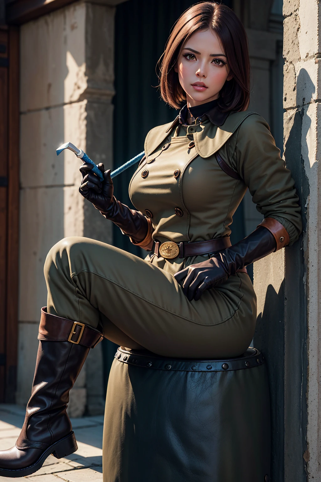 (Best image quality, highest quality, Highest Resolution, Ultra-Realistic Images, Very detailed, masterpiece, 8k), One Woman, Brown medium hair, Khaki military uniform, Leather gloves, Leather boots, ((With a blue whip)), big Breasts, blush, serious look, Dynamic pose, Browsing Caution, half body, perfect face, sexy body