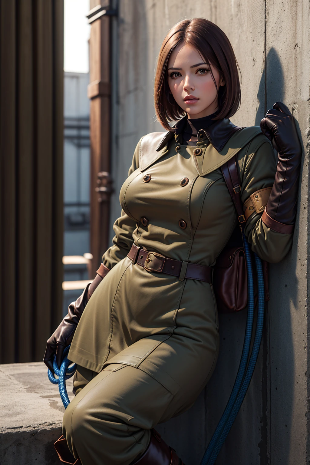 (Best image quality, highest quality, Highest Resolution, Ultra-Realistic Images, Very detailed, masterpiece, 8k), One Woman, Brown medium hair, Khaki military uniform, Leather gloves, Leather boots, ((With a blue whip)), big Breasts, blush, serious look, Dynamic pose, Browsing Caution, half body, perfect face, sexy body