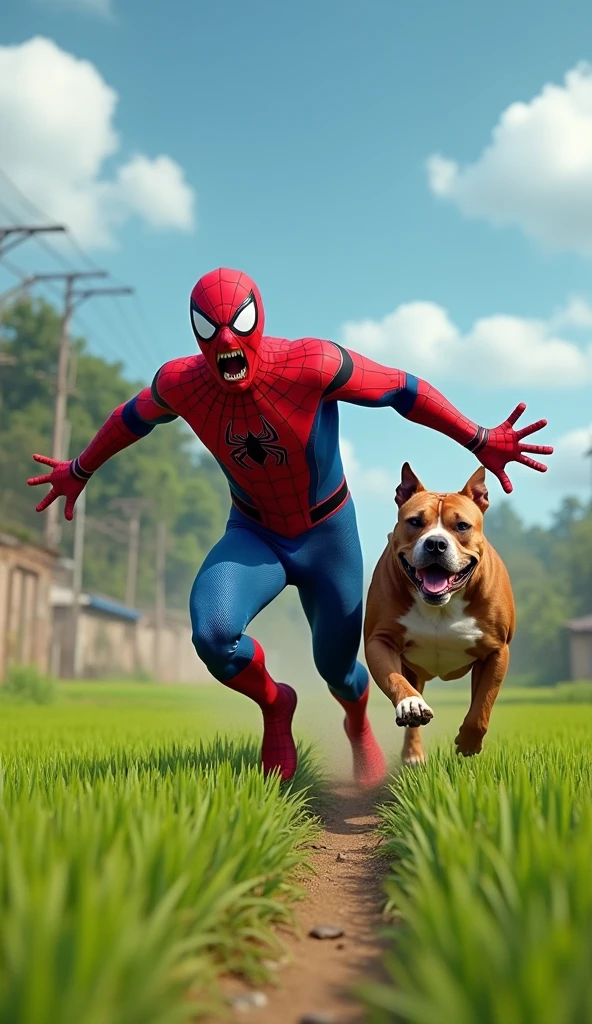 A highly realistic and comically exaggerated scene set near a rice field in a rural area. Spiderman, in his red and blue suit, is seen sprinting away in sheer panic, his arms and legs flailing wildly as he runs, terrified, from a determined Pitbull chasing him. The Pitbull is close behind, with its strong, muscular build and focused expression, adding to the humor of the situation. Spiderman’s exaggerated expression of fear, with wide eyes and a comical, open-mouthed scream, enhances the hilarity of the moment. The setting includes vibrant green rice paddies, a few scattered trees, and a clear blue sky, contrasting sharply with Spiderman's usual heroic demeanor. The scene captures the chaotic and funny moment perfectly. no blurring, no blurring, perfect fingers.