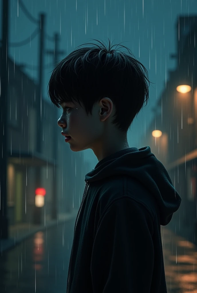 age man crying in the rain at night