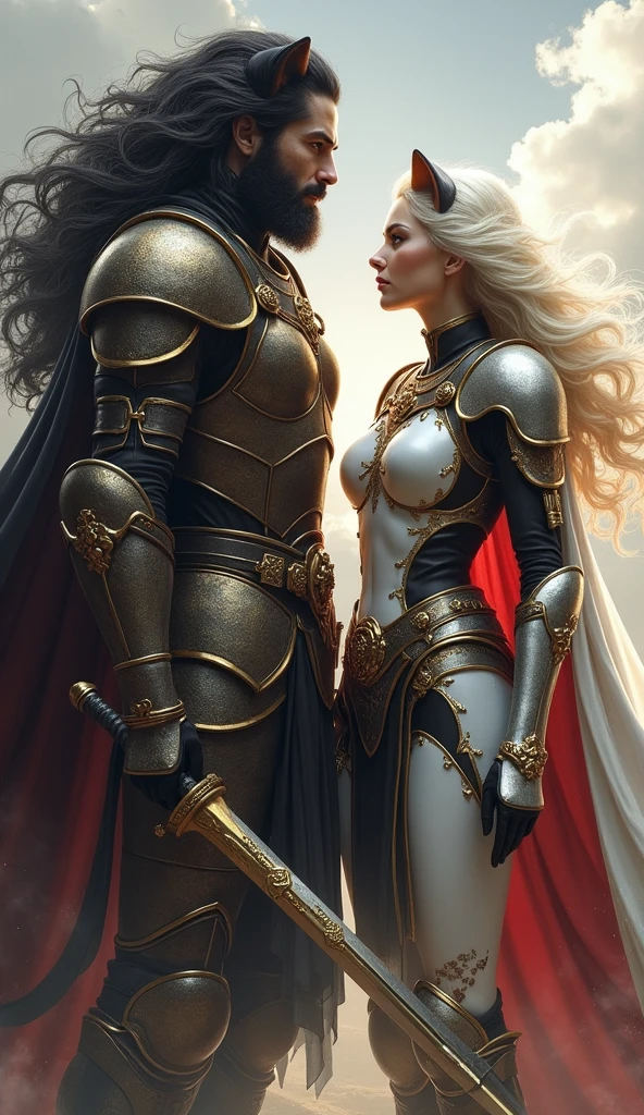 A black haired man ,very long black shiny hair, and woman with black and gold armor and a cape related to the Knights of the Zodiac, His armor will have the combination of a lion spirit and a puma and his human companion with a white armor with the spirit of a white dog