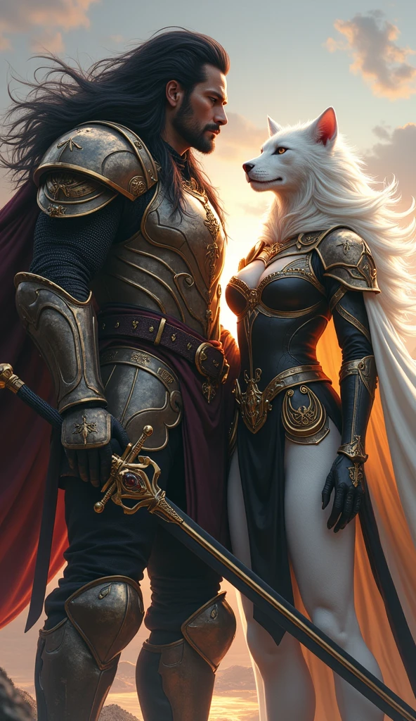 A black haired man ,very long black shiny hair, and woman with black and gold armor and a cape related to the Knights of the Zodiac, His armor will have the combination of a lion spirit and a puma and his human companion with a white armor with the spirit of a white dog