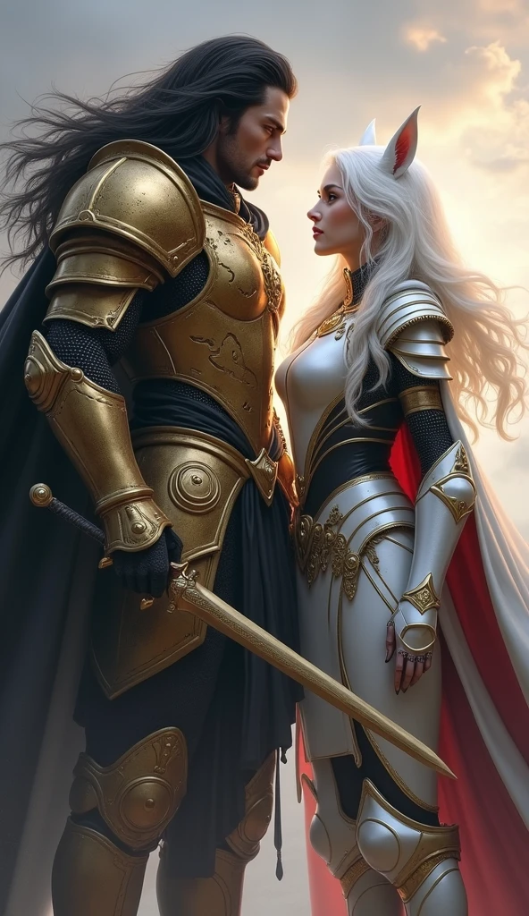 A black haired man ,very long black shiny hair, and woman with black and gold armor and a cape related to the Knights of the Zodiac, His armor will have the combination of a lion spirit and a puma and his human companion with a white armor with the spirit of a white dog