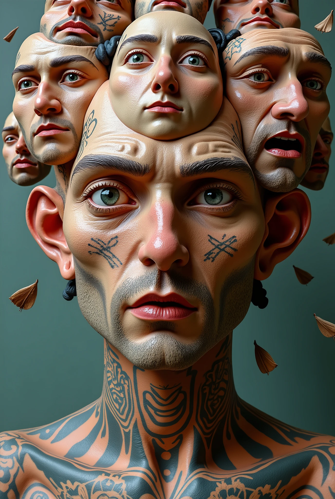 Expressionist artwork images of multiple floating ceramic heads of heavily tattooed hispanic men, 3d collage style, make it weird and gallery worthy
