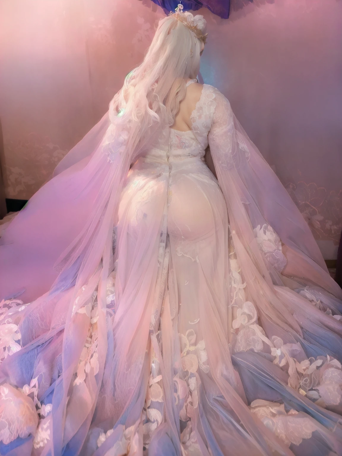 POV from behind,seen from behind the shoulder,Very close-up of Attractive dressing Beautiful colorful hairs,perfect facial features , beautiful eyes of well dressed Women in bedroom empty hand's ,looks like gorgeous wife giving a eligent pose wearing princess wedding gown dress, added anime stockings ((with big body curves, attractive queen diamond crown full dressed white and pink clothing,bouncy breasts:2.4 thin waist,big wide hips , but gigantic thighs)) wearing necklaces with princess sexy attractive long frock clothes full body clothing wedding white and pink bride clothes added coastly stockings flowen net design frock, beautiful eyes,wet lips,seen from behind back shoulder