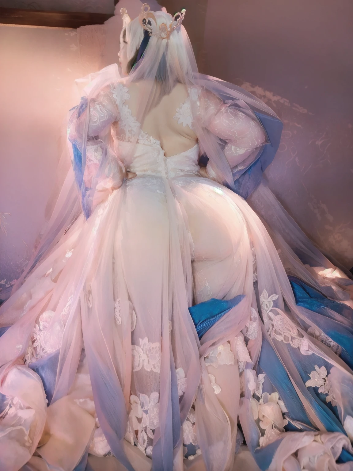 POV from behind,seen from behind the shoulder,Very close-up of Attractive dressing Beautiful colorful hairs,perfect facial features , beautiful eyes of well dressed Women in bedroom empty hand's ,looks like gorgeous wife giving a eligent pose wearing princess wedding gown dress, added anime stockings ((with big body curves, attractive queen diamond crown full dressed white and pink clothing,bouncy breasts:2.4 thin waist,big wide hips , but gigantic thighs)) wearing necklaces with princess sexy attractive long frock clothes full body clothing wedding white and pink bride clothes added coastly stockings flowen net design frock, beautiful eyes,wet lips,seen from behind back shoulder 