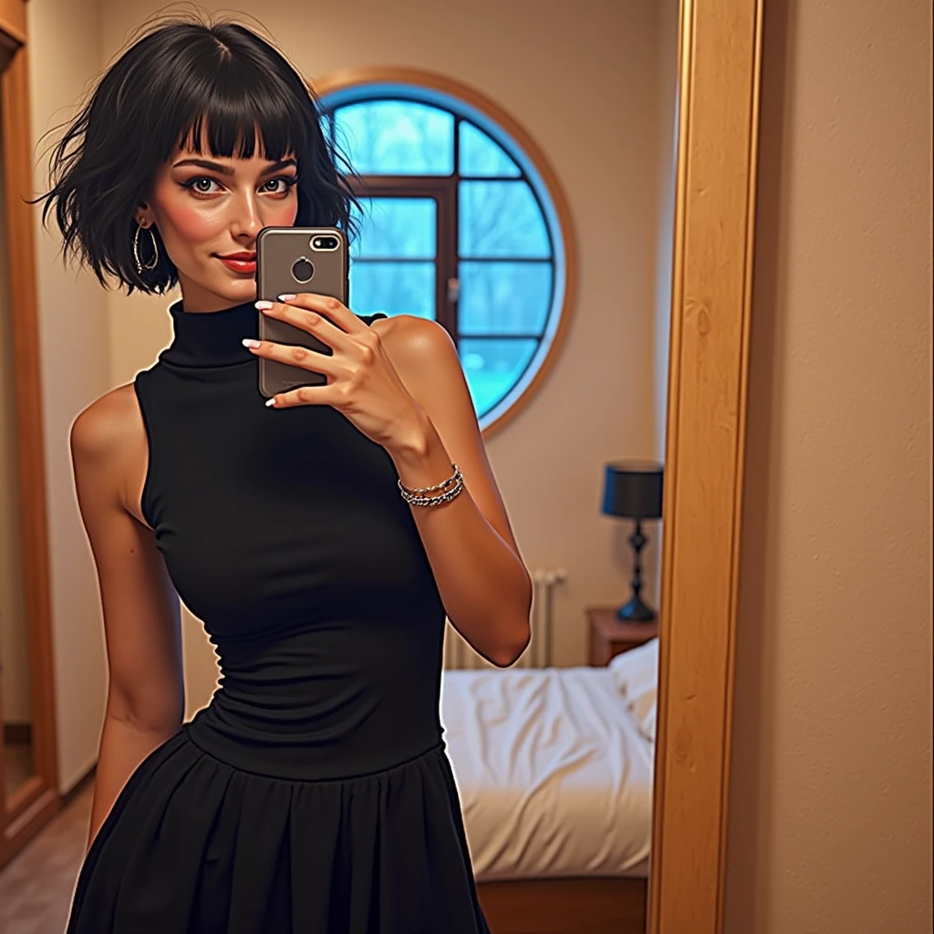 RAW photo, best quality, masterpiece, photorealistic, Polish girl, 20 years old, black hair, Light grey eyes, short bob cut, hair in 7 thirds, hair over one ear, Symmetrical eyes, pale skin, Big Breasts, rip gloss, Gel Nails, Accessories, various poses, smiles, selfies, iPhone15 pro