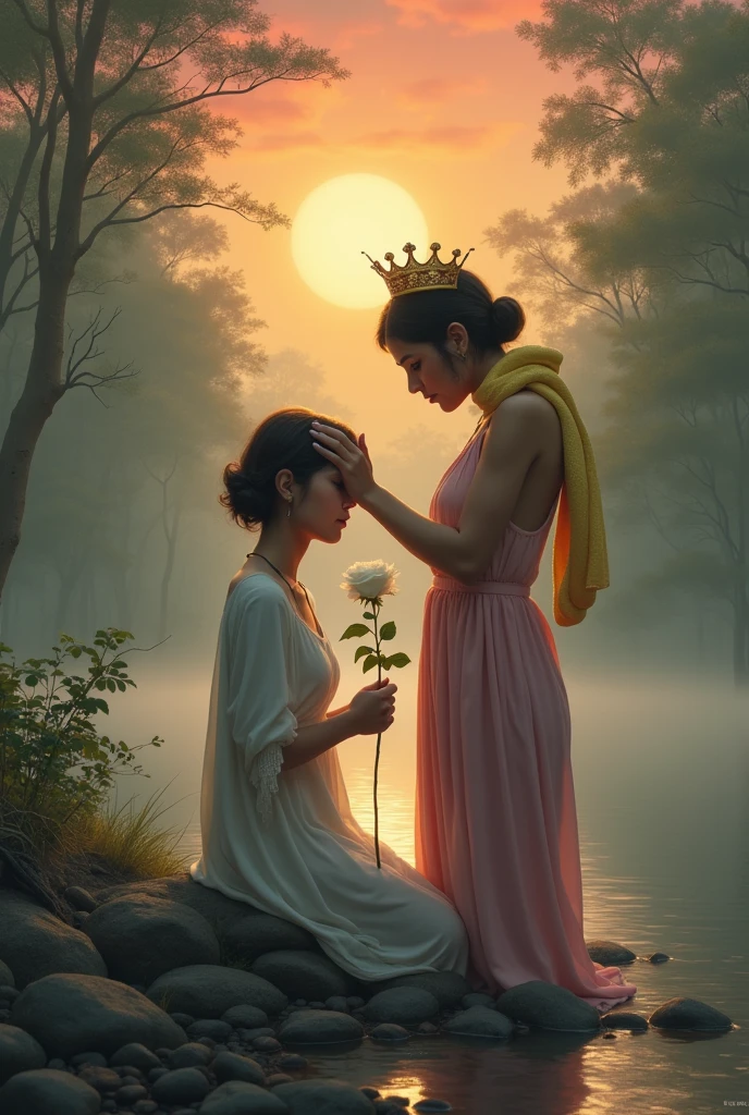 a transgender woman, white-skinned, Hispanic appearance, approximately 42 years, very short hair at nose level, little breast, white and light clothes, brooding, on his knees, near the source of a calm river, with a white rose in his hands next to his chest, without realizing that she is being touched on the head in a very respectful and loving way by a beautiful divine feminine being, Black-skinned, long hair, with a humble crown, pink flowing clothes, Pure appearance, innocent, in the middle of the virgin forest, at dusk, with reddish and yellow sky, under a thick and beautiful fog, with a beautiful, carefree yellow snake on his shoulders.