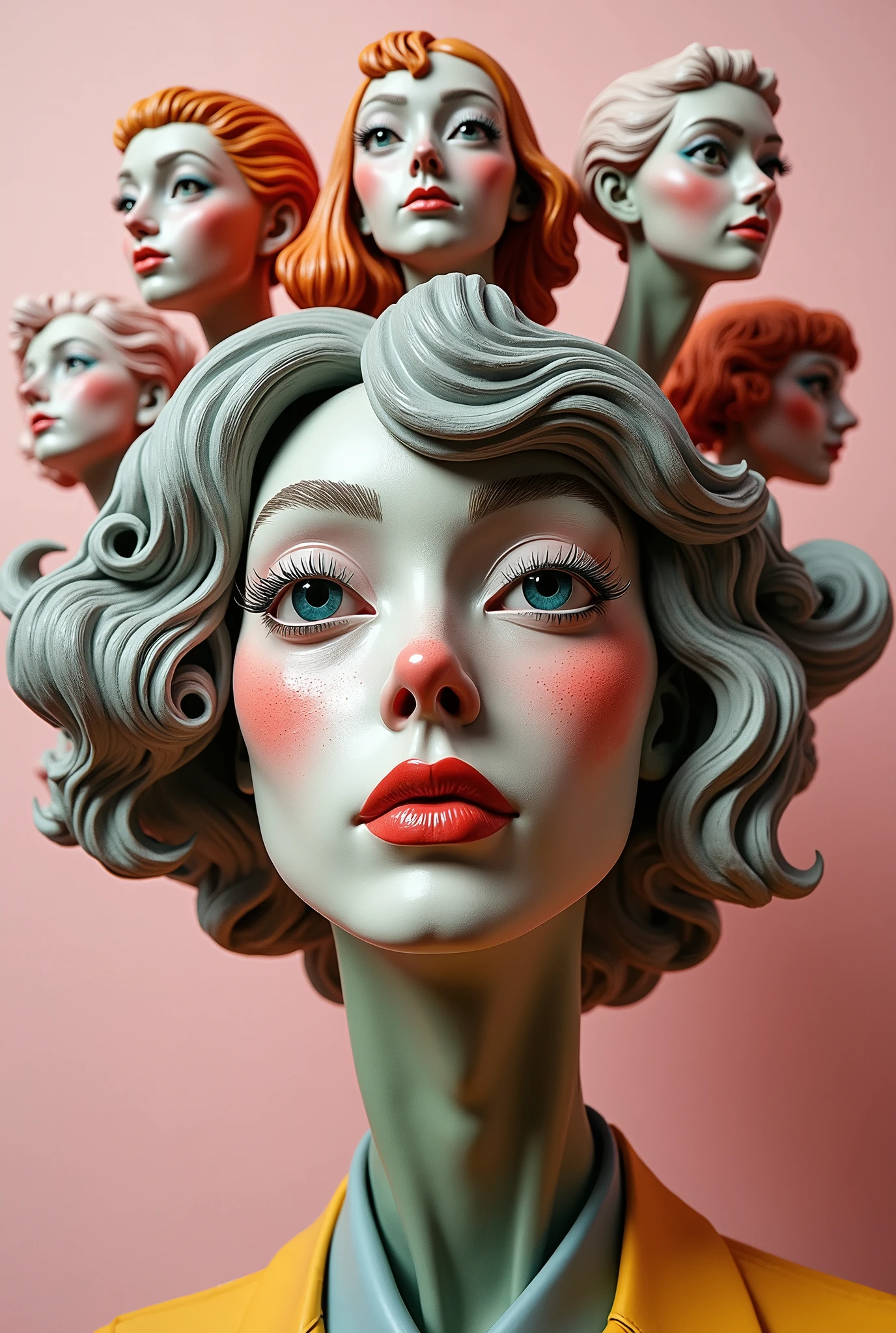 Expressionist artwork images of multiple floating ceramic heads of nerdy women, 3d collage style, make it weird and gallery worthy
