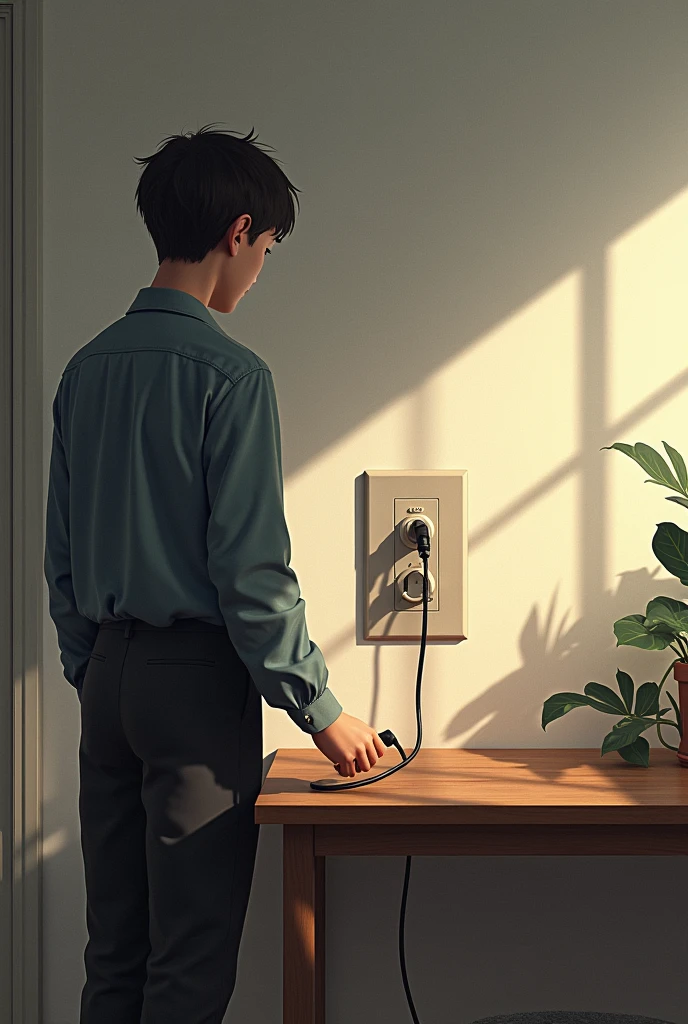 person seen 3/4 standing in front of a table connecting a plug to the power outlet