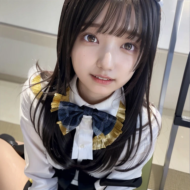 (masterpiece:1.3),(8k, Realistic, RAW Photos, Best image quality: 1.4), Wet, (1 girl,alone), Beautiful Face, (Lively Faces、Young Face), (Black-haired, bangs:1.5,Low twin tails：1.2), Beautiful hairstyle, Realistic eyes：1.2, Beautiful and beautiful eyes, Puffy eyelids、thin目、(Realistic Skin), Beautiful Skin, charm, Ultra-high resolution, Attention to detail, Golden Ratio, cute:1.4、Highest quality、masterpiece、Ultra-high resolution、(Realistic:1.4)、expensively detailed and professionally lit、sunlight、（(transparent,cute女子高生：1.2，expensive 、Collared shirt、bow tie,White panties：1.5))、(Black plaid skirt：0.1,Showing panties:1.5)、(((,The body is slim：1.2、thin：1.5))）、thin、（Big smile：1.5、stupid、:1.5),(((School classroom)))、(((Sitting:1.2,Spread your legs、Browsing Caution:1.2,thin)))、