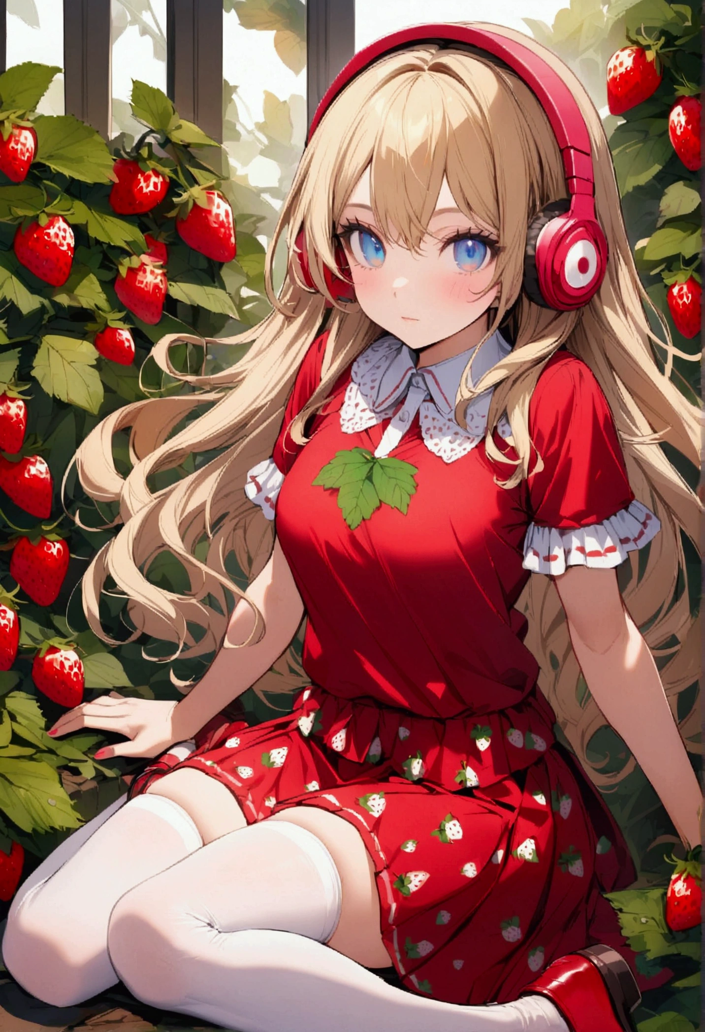 Female character with blonde hair with blue eyes strawberry headphones with leaf strawberry shirt and red skirt with white stockings and red shoes and open red sweater