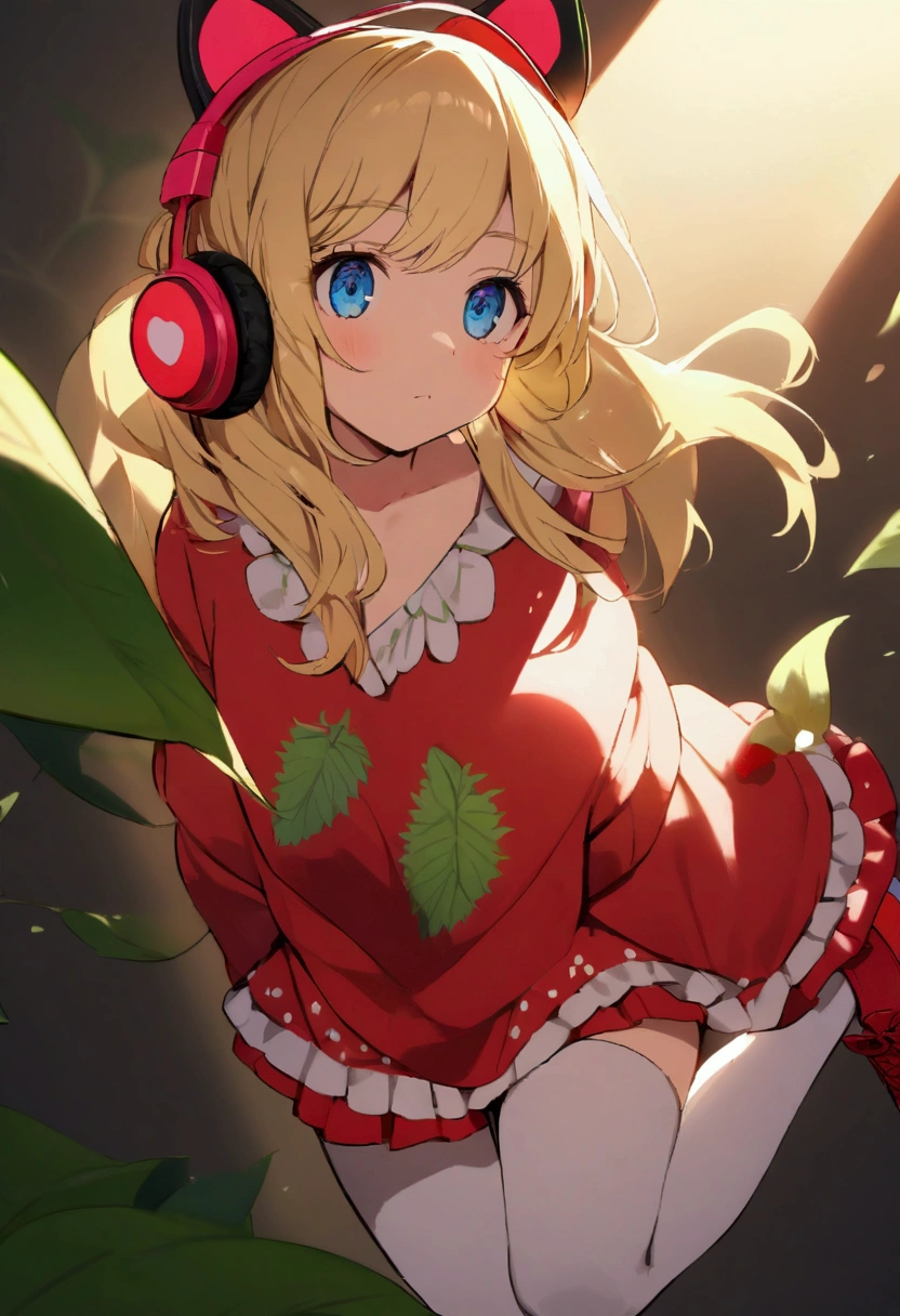 Female character with blonde hair with blue eyes strawberry headphones with leaf strawberry shirt and red skirt with white stockings and red shoes and open red sweater