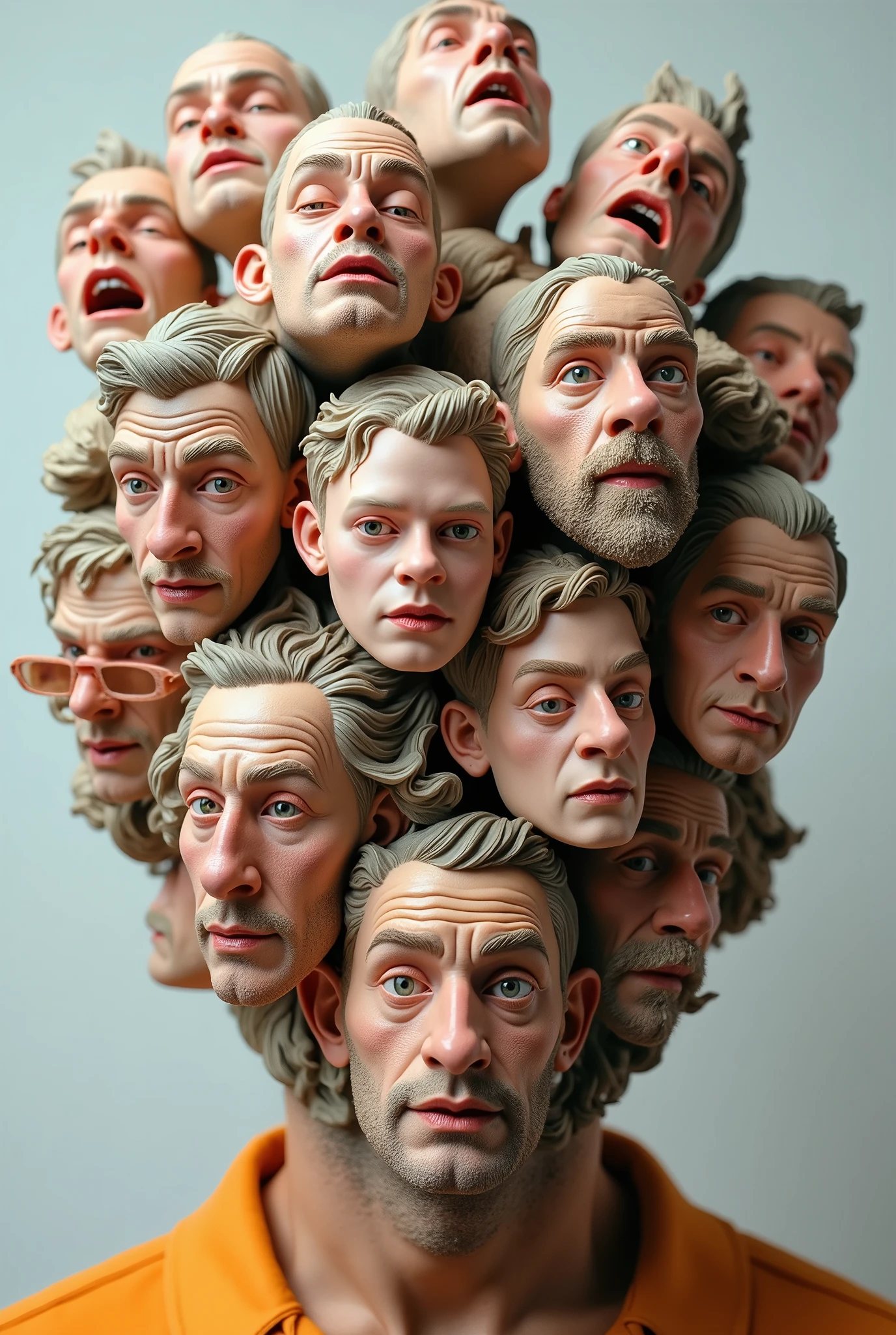 Expressionist artwork images of multiple floating ceramic heads of nerdy men, 3d collage style, make it weird and gallery worthy