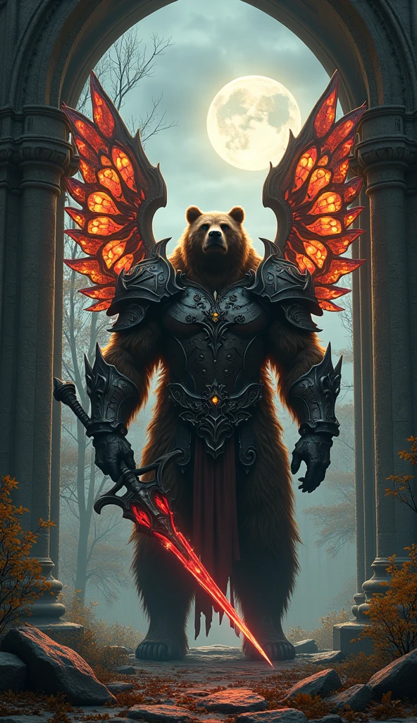 Dark fantasy digital art, front view of a towering muscular brown bear warrior in full ornate armor standing before a cathedral's grand crumbling entrance, its gothic arches shadowed and overgrown with ivy. The bear’s wings are made of shimmering stained-glass shards casting kaleidoscopic hues across the crumbling stone facade. The bear holds a legendary red crystal scythe, its eyes glowing with an otherworldly glow. Autumn leaves on the forest’s floor, crescent moon hanging low in a cloud-streaked sky. 