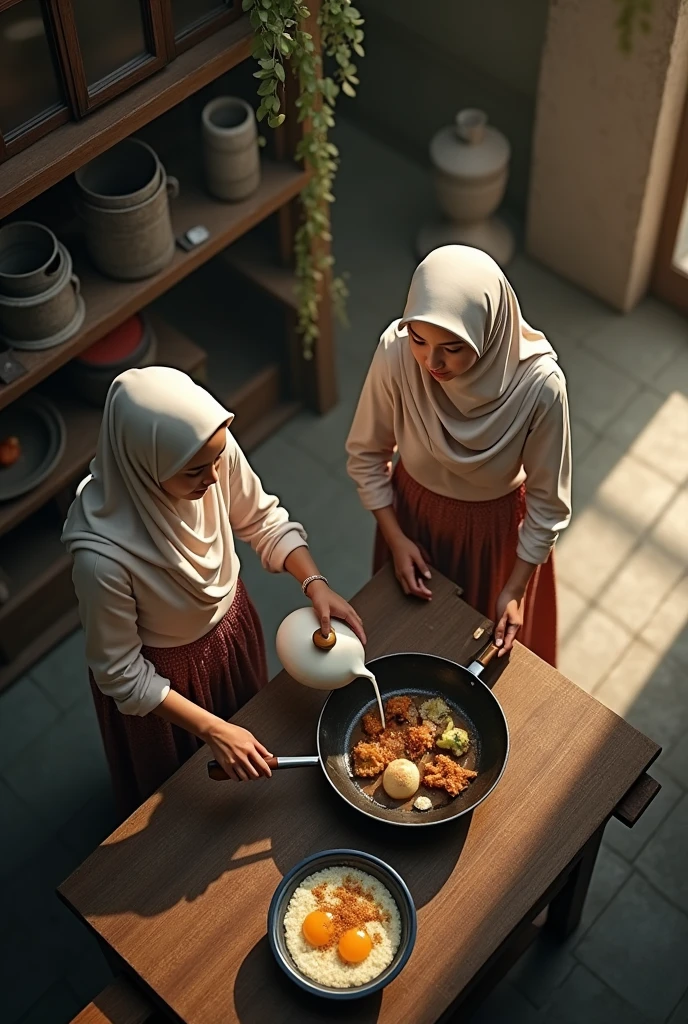 (photorealism:1.2), a top aerial view of two malay hijab beauty girl sitting,, wear a shabby blouse shirt and a batik sarong sitting on a floor in a traditional kitchen, a girl is pouring a milk into a wok and her friend is pick up a plate of meal, old urn, top aerial angle, in a morning sunshine,