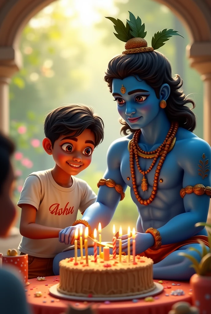 Create a adult boy having name Ashu Yadav written on tshirt and having cake and sitting krishna with him krishna is cutting cake