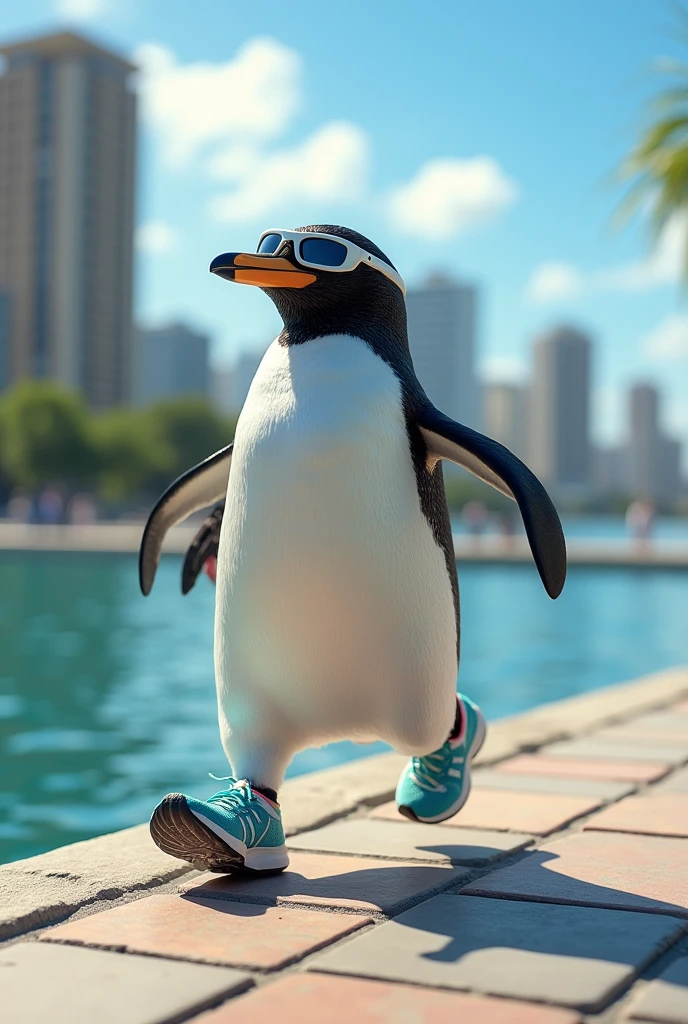 Design an image that represents a female penguin wearing New Balance running shoes and special running sunglasses..

This penguin must be more lively and must be on the sidewalk of Lake Maracaibo practicing running