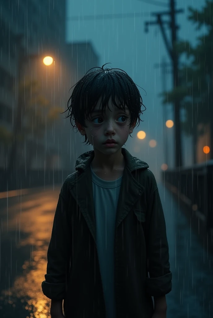 age man crying in the rain at night