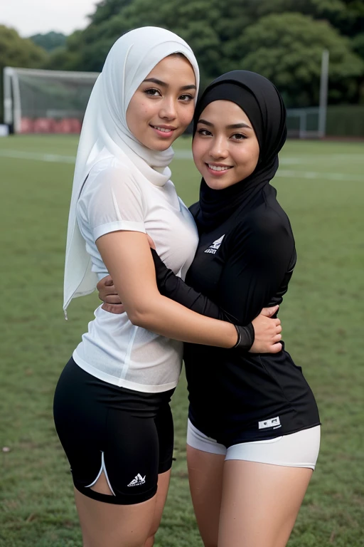 RAW, Best quality, high resolution, Masterpiece: 1.3), Beautiful malay woman in rugby outfit wearing shawl style hijab, non naked, wearing jersey outfit, ((2 females, groping each others breasts, breasts groping, hugging each other)), flawless face, cute face, pretty malay face, beautiful white teeth, Masterpiece, Perfect plump body, full body, sexy rugby outfit, tight breasts, short hair, ((wearing black shawl style hijab, wide and long hijab)), covered in cum, soaked in semen, beautiful big eyes, watery eyes, Soft smile, smiling, breezy, skin details, skin texture details, wide hips, thick thighs, sexy plump body, morning time, happy, bright sunshine, at football field, blurred background, bokeh, ((white, black and grey outfit, wearing baggy rugby jersey shirt short sleeves, wearing black handsocks, wearing tight shorts, wearing black long socks, wearing sweater)), ((standing, sexy legs)), ((hands above breasts)), ((wearing long black gloves))