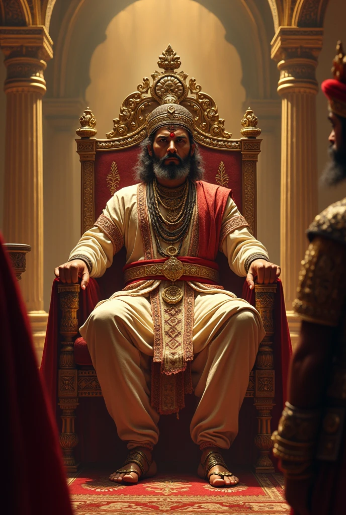 "A fierce-looking Indian emperor sitting on a grand throne with a stern expression. He is dressed in ornate royal attire, with a heavy crown and elaborate jewelry. The throne room is opulent, with large pillars and gold decorations. Advisors and soldiers stand respectfully at a distance, showcasing his authority and power."