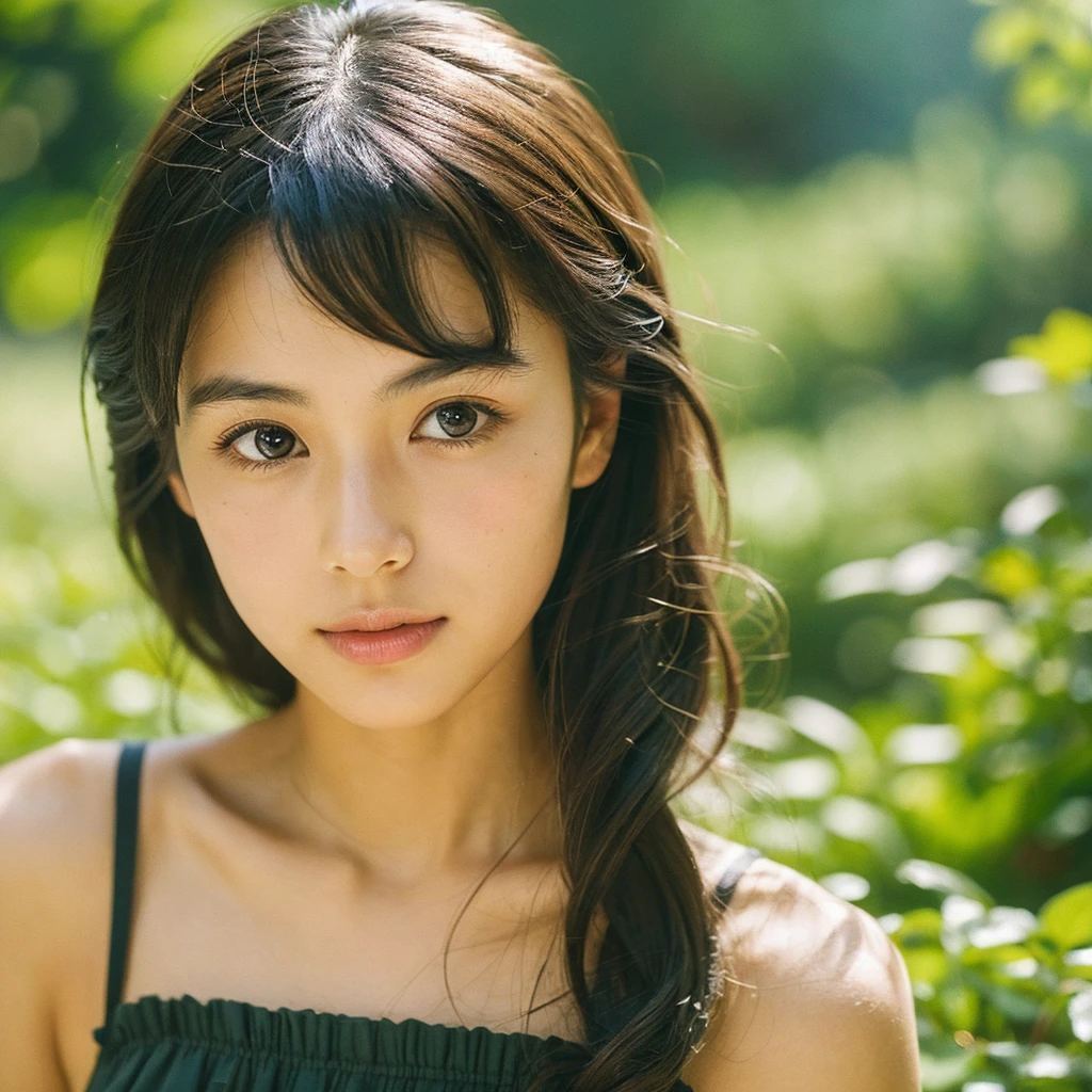 A hyper-realistic close-up image of a single Japanese woman in her early 20s, captured with the nostalgic warmth and subtle graininess of a film camera, focusing on her face and shoulders. Her skin has a warm beige tone with a natural, slightly rough texture that includes visible pores, fine lines, and subtle imperfections such as small blemishes, adding to the authenticity of her appearance. The soft, diffused natural light typical of a sunny summer day casts gentle, warm shadows on her face, enhancing the film-like quality while maintaining the realistic texture of her skin. Her straight, glossy black hair is slightly tousled by a gentle summer breeze, framing her face naturally. She is wearing a light, summery outfit, perhaps with straps visible at the shoulders, that complements her natural beauty and suits the warm weather. The film camera effect introduces a slight grain and a softer focus, giving the image a warm, nostalgic atmosphere while preserving the realism of her skin and features. The overall composition captures the serene and effortless elegance of a summer day, with the focus on the realistic texture of her skin and the timeless quality of the film camera aesthetic.
