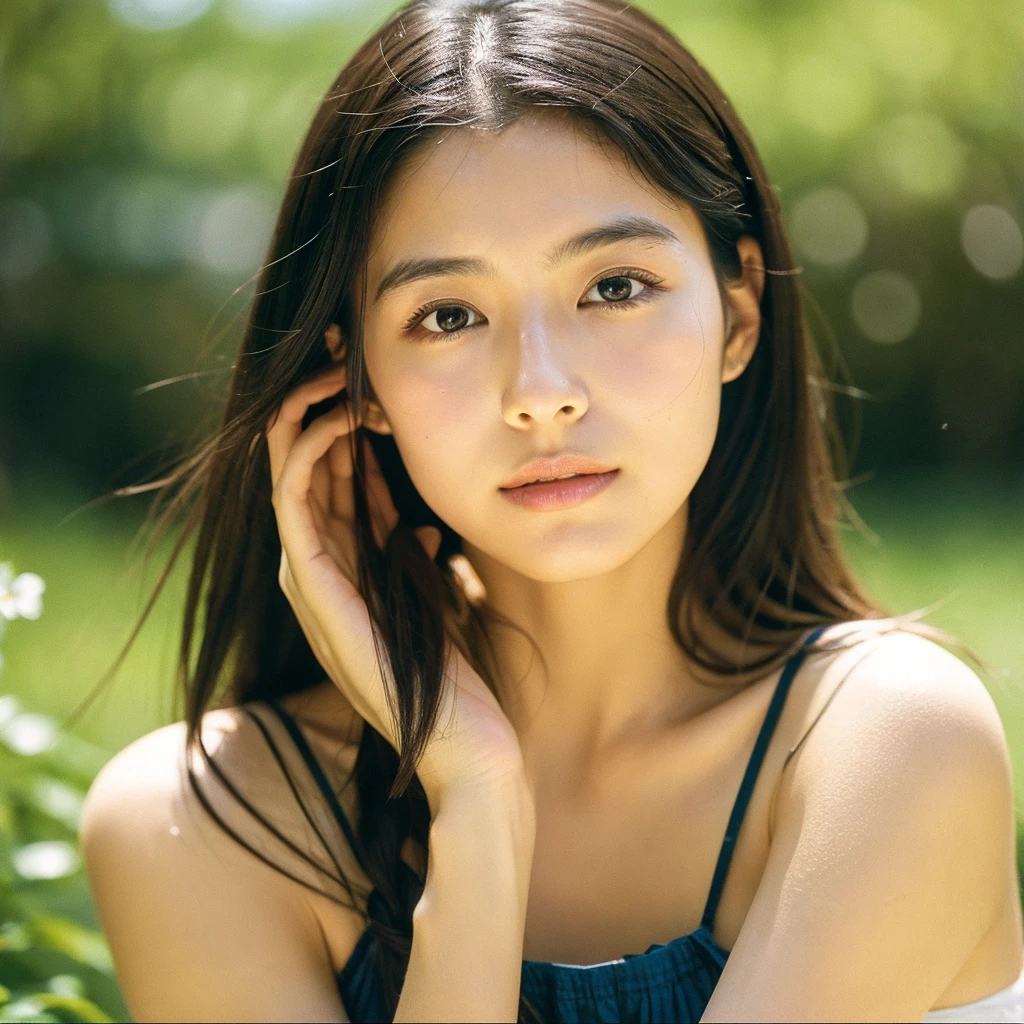 A hyper-realistic close-up image of a single Japanese woman in her early 20s, captured with the nostalgic warmth and subtle graininess of a film camera, focusing on her face and shoulders. Her skin has a warm beige tone with a natural, slightly rough texture that includes visible pores, fine lines, and subtle imperfections such as small blemishes, adding to the authenticity of her appearance. The soft, diffused natural light typical of a sunny summer day casts gentle, warm shadows on her face, enhancing the film-like quality while maintaining the realistic texture of her skin. Her straight, glossy black hair is slightly tousled by a gentle summer breeze, framing her face naturally. She is wearing a light, summery outfit, perhaps with straps visible at the shoulders, that complements her natural beauty and suits the warm weather. The film camera effect introduces a slight grain and a softer focus, giving the image a warm, nostalgic atmosphere while preserving the realism of her skin and features. The overall composition captures the serene and effortless elegance of a summer day, with the focus on the realistic texture of her skin and the timeless quality of the film camera aesthetic.