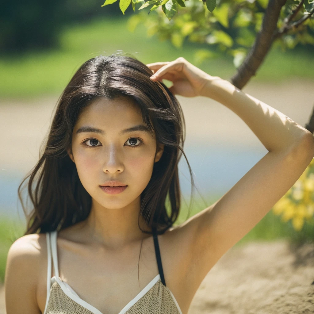 A hyper-realistic close-up image of a single Japanese woman in her early 20s, captured with the nostalgic warmth and subtle graininess of a film camera, focusing on her face and shoulders. Her skin has a warm beige tone with a natural, slightly rough texture that includes visible pores, fine lines, and subtle imperfections such as small blemishes, adding to the authenticity of her appearance. The soft, diffused natural light typical of a sunny summer day casts gentle, warm shadows on her face, enhancing the film-like quality while maintaining the realistic texture of her skin. Her straight, glossy black hair is slightly tousled by a gentle summer breeze, framing her face naturally. She is wearing a light, summery outfit, perhaps with straps visible at the shoulders, that complements her natural beauty and suits the warm weather. The film camera effect introduces a slight grain and a softer focus, giving the image a warm, nostalgic atmosphere while preserving the realism of her skin and features. The overall composition captures the serene and effortless elegance of a summer day, with the focus on the realistic texture of her skin and the timeless quality of the film camera aesthetic.
