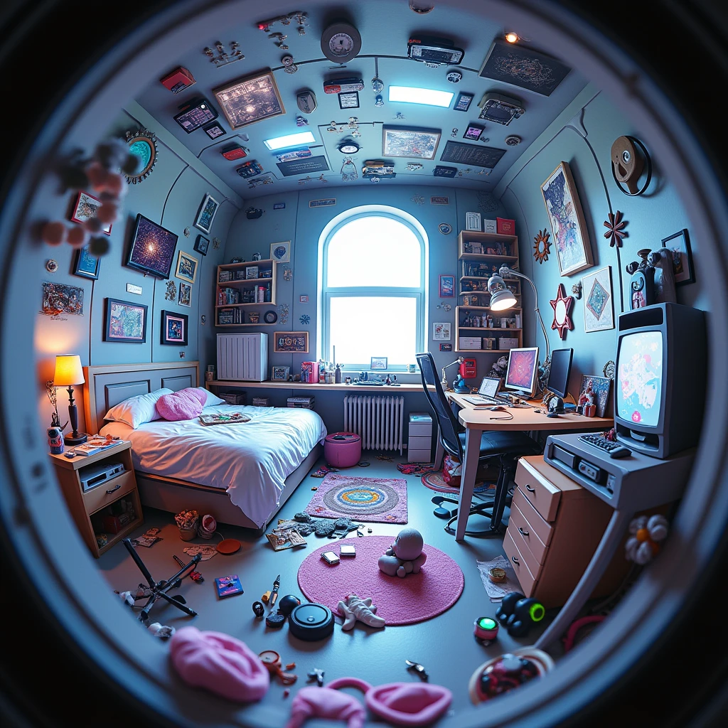 Messy girl&#39;s room, futurist, the room must be in perspective (fish eye) and a little view from above (do not include any person, only the fourth)