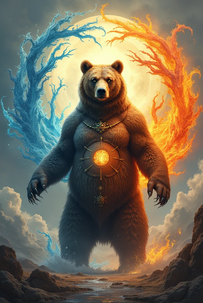 Brown bear stands at the intersection of four elements，It holds water、fire、soil、The power of wind。Each element is presented in different colors and shapes，Like the flow of watere的燃烧、soil的稳固和风的。The brown bear has symbols of the four elements on its body.，Its power is strong and balanced。uhd,, high sharpness, high precision，4K
