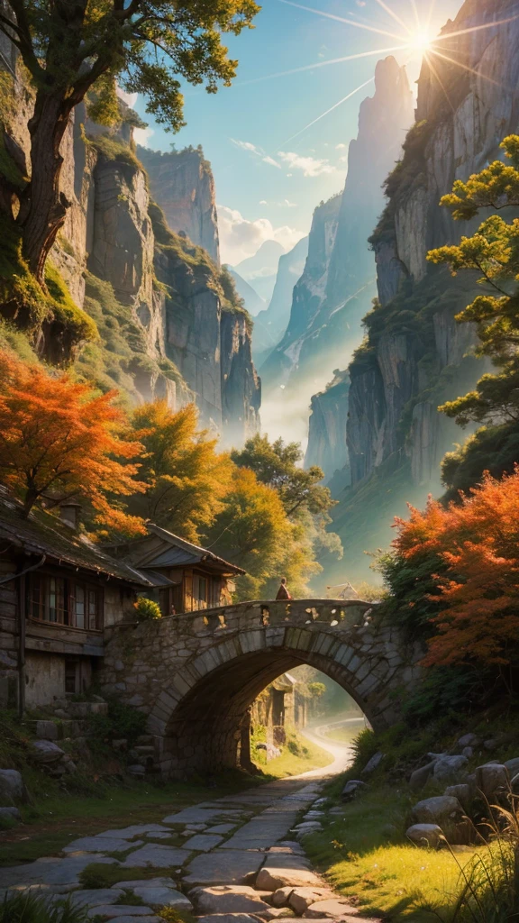 fairytale view with fantasy fairy track in a wide steep valley with huge dramatic mountains in the distance,autumn, rocks plants flowers shrubs trees moss stream lawns bridge grass animals,sunrise and strong sunbeams,very hazy,extreme details,photorealistic,4k,HD,beautiful,nature, dreamy, low shot,ground level photo, good luminosity