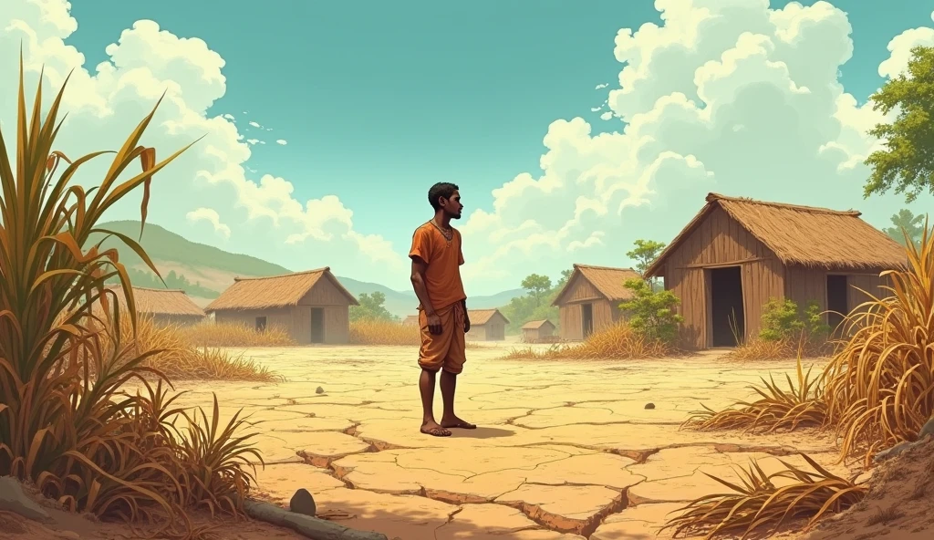 "Depict the same village during a severe drought. Show the once-lush field now dry and cracked, with wilted crops and a worried Ramu standing in the middle, looking concerned. The sky should be clear but harsh, emphasizing the lack of rain and the challenges faced by the villagers."
