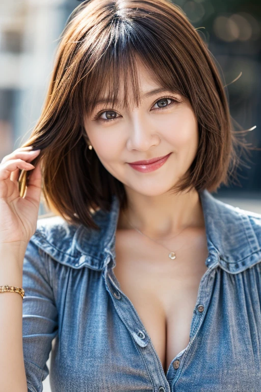 (Ultra Real),(Beautiful Detailed Eyes), (Best Quality), (Ultra Detailed), masterpiece, Beautiful skins,high detail, ((about 40 years old women)),short hair,natural smile, plump body ,one person shot,Classy clothes,Hand Poses,((milf)),Classy clothes