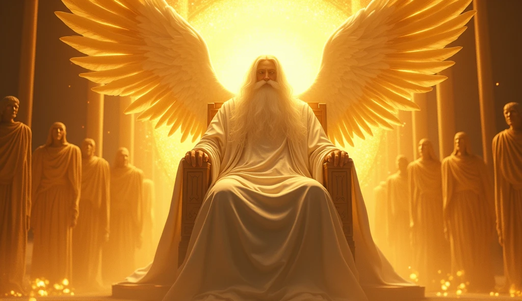 Generate images of God who is gigantic, vast, with long hair white, white beard, face hidden by golden light in a white robe of His firery golden Thrown of light. Cover his face with White light and put him on a large firy gold throne surrounded by 24 elders and angel of Cherubim having 6wings, two wings to covering their feet, two wings to cover their face, and two to fly and Seraphim having 6 wings, and four faces, the face of a man, an eagle, an Bull and a Lion. They are around God's thrown. God is vast, 32K UHD, Style Raw, detailed, masterpiece, realistic, your golden sign written "king of kings , Lord of Lords " Its resplendent light capable of blinding any vision, God doesn't have wings.other thrones with ancient beings on them