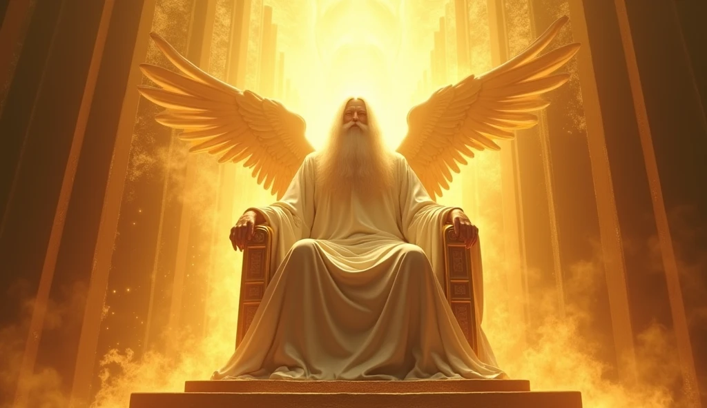 Generate images of God who is gigantic, vast, with long hair white, white beard, face hidden by golden light in a white robe of His firery golden Thrown of light. Cover his face with White light and put him on a large firy gold throne surrounded by 24 elders and angel of Cherubim having 6wings, two wings to covering their feet, two wings to cover their face, and two to fly and Seraphim having 6 wings, and four faces, the face of a man, an eagle, an Bull and a Lion. They are around God's thrown. God is vast, 32K UHD, Style Raw, detailed, masterpiece, realistic, your golden sign written "king of kings , Lord of Lords " Its resplendent light capable of blinding any vision, God doesn't have wings.other thrones with ancient beings on them