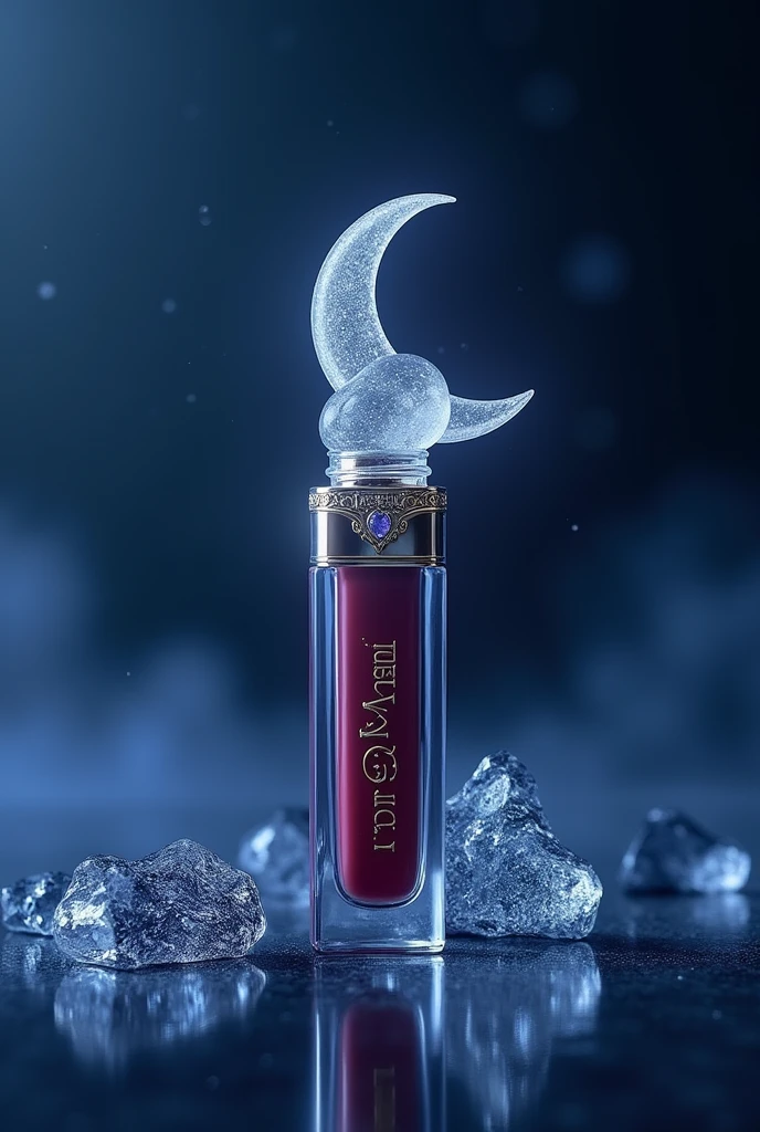 crie um gloss com design de lua, dark blue design colors, white and gold details. wine color, for the brand "You&Me".
moon shape.