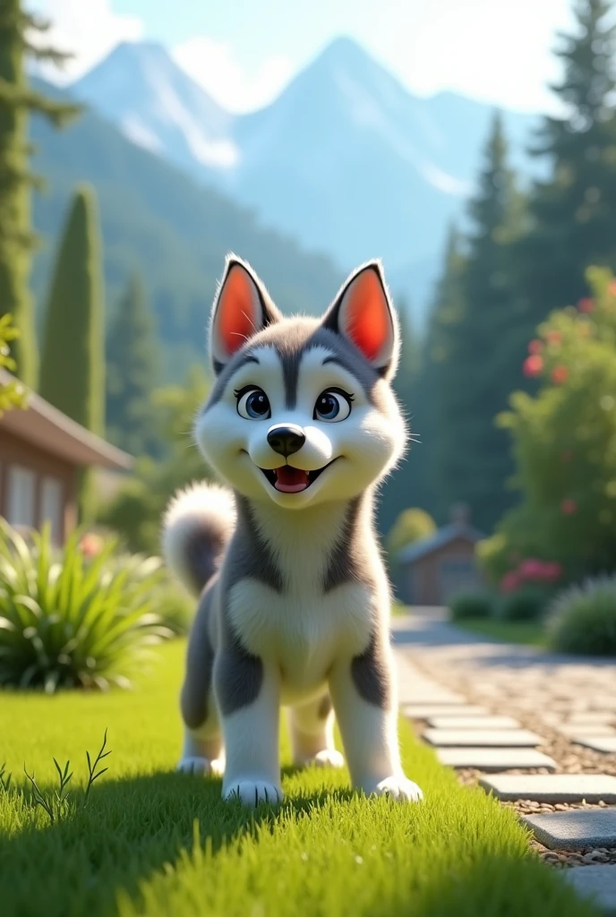 The grey Siberian Huskiey puppy Lingling stands on the lush grass in the courtyard, with a pebbled path nearby. Lingling is in an excited stance, ready to take off running, while in the distance, the outlines of mountains and forests beckon, inspiring its adventurous spirit., 32k, --ar9:16--
