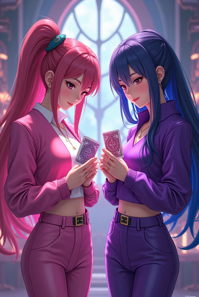 Gamer girl dressed in pink and next to her a gamer girl dressed in purple and both with magic cards in their hands that look like anime