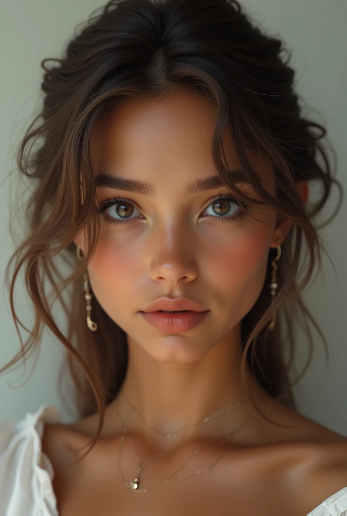 A woman with brown skin and fine features, black eyes and straight, light brown hair
