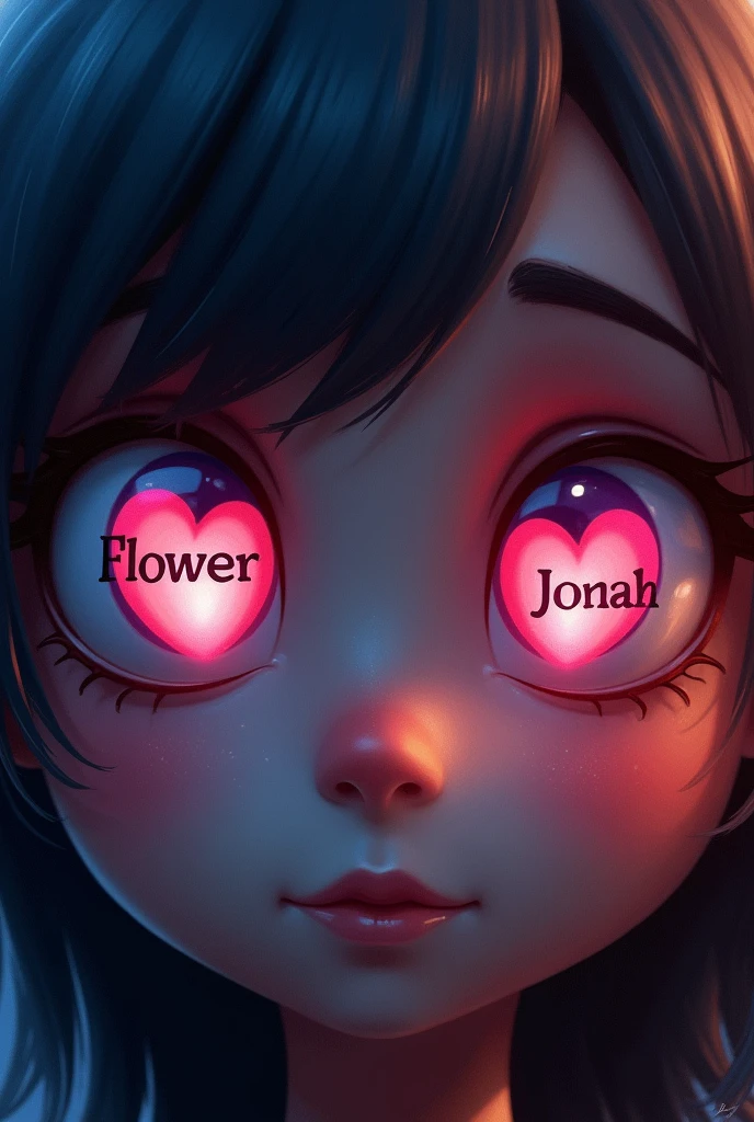 Two eyes with pupils with hearts and inside these same ones there are two names, In one put flower and in the other Jonah