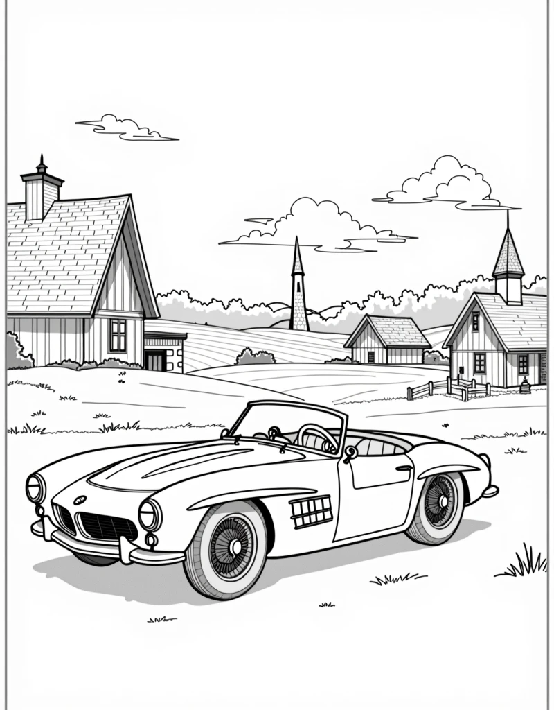 create an image of a BMW 507 car Country of origin: Germany Brand: BMW Model: 507, classic Year of creation: 1956, for coloring book, black and white coloring book, with a landscape and a background of some structures according to his time