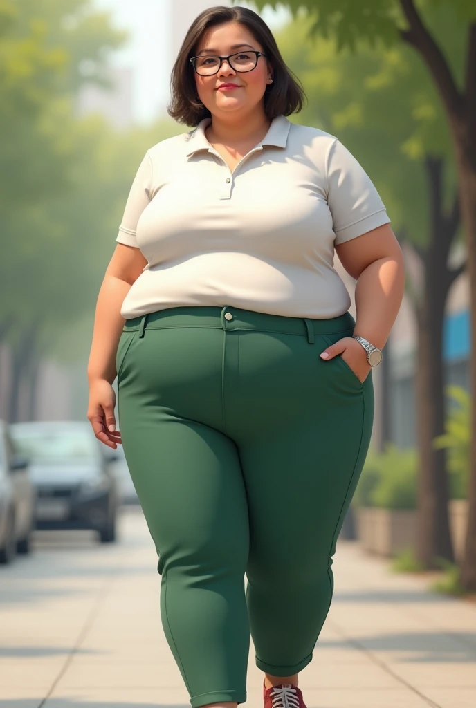 A short woman, muslos grandes, medium straight hair, glasses, white, e calça verde bandeira com uma blusa polo white, chubby woman but not fat, thin and 40 years old