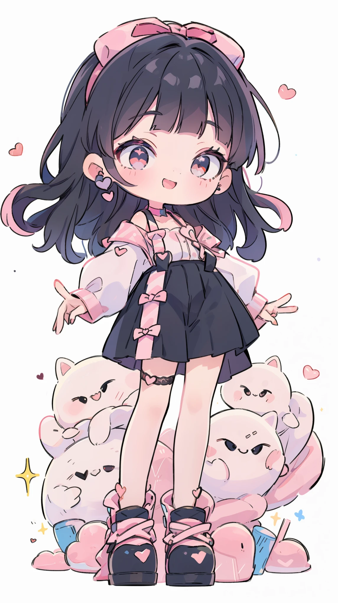 ((from front)),
((chibi)),
((peace sign)),
high resolution,smile,woman,woman1人,adult,cute,
blunt bangs,black hair, pink inner hairwavy hair,long hair,BREAK,
Red eyes,Sparkling Eyes,BREAK,
((Landmine fashion)),
Pink off-shoulder top,BREAK,Black ruffled mini skirt,BREAK,Black high heels,
Ribbon headband,BREAK,Heart Earrings,BREAK,Lace choker,BREAK,
Pink hearts on a white background,