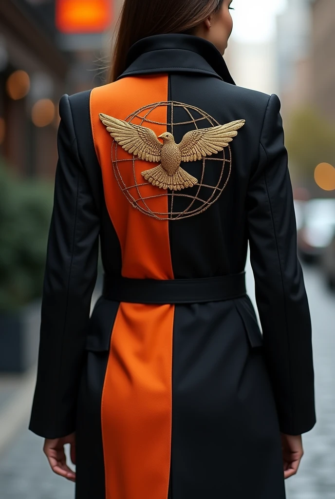 Create a black and orange coat with a dove and a globe in the middle of the back. It has a business and modern style.