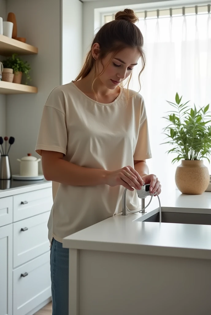 person at a kitchen island plugging a plug into an electrical outlet