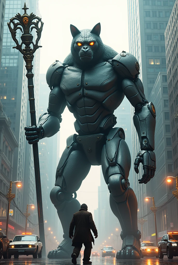 The bigger than kong robotic cat standing infront of kong in city with a magical stick more bigger