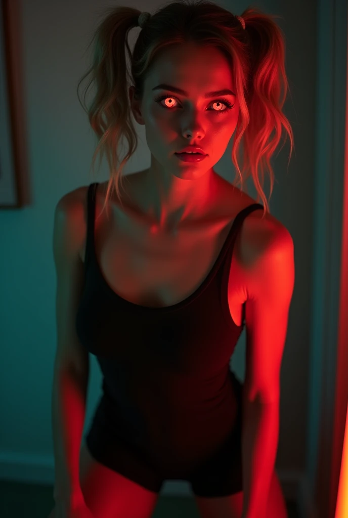 (realist, photo-realist:1.37),(8k, raw photo, Best Quality, masterpiece:1.2), cute Teresa Palmer, (30 years:1.5), ultra detailed, heart-shaped pupils, physically based rendering, ultra high resolution, color kodakvision, filmed with the Arricam LT camera, bokeh, sharp focus, looking at the viewer, photorealist, realist, Best Quality, extremely detailed face, extremely detailed eyes and face, beautiful detailed eyes, absurdities, incredibly absurdities, short tight lycra dress, perfect female body, shaped body, slender, sexy expression, lip biting, beautiful hair, (pigtails hairstyle:1.2), dimly lit, edge lighting. whole body