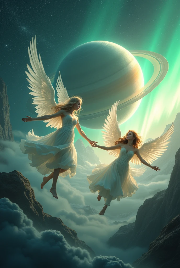 (photorealism:1.2), (masterpiece) , ( highlights and high details) Angels in Saturn  and have aurore boreal amd stars 